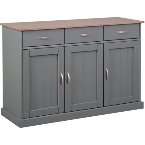 Altobuy – Buffet gris 3 portes 3 tiroirs – Structure en pin massif – Dimensions 131x45xH86 cm – Finition vernis et plateau teinté marron