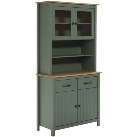 Altobuy – Buffet haut 4 portes 2 tiroirs en bois massif ciré vert – Dimensions 90 x 40 x H180 cm – Style classique pour intérieur moderne