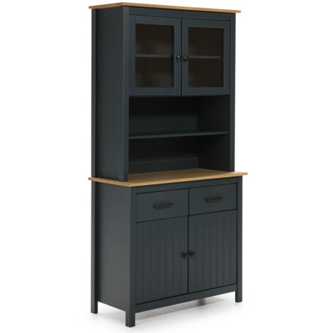 Altobuy – Buffet haut 4 portes 2 tiroirs en pin massif ciré bleu pétrole – Dimensions 90 x 40 x H180 cm – Style classique pour intérieur moderne