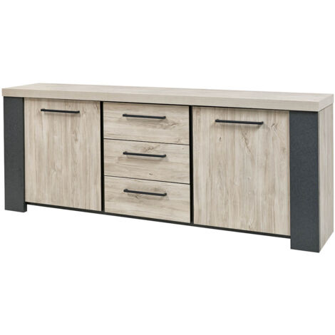 Altobuy – Buffet imitation bois 230x45xH88 cm – 2 portes et 3 tiroirs – Panneaux effet chêne et pierre – Rangement élégant et moderne