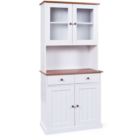 Altobuy – Buffet vaisselier 4 portes 2 tiroirs en bois massif vernis sépia et blanc – Dimensions 90 x 45 x H191 cm – Style campagnard avec rangements vitrées