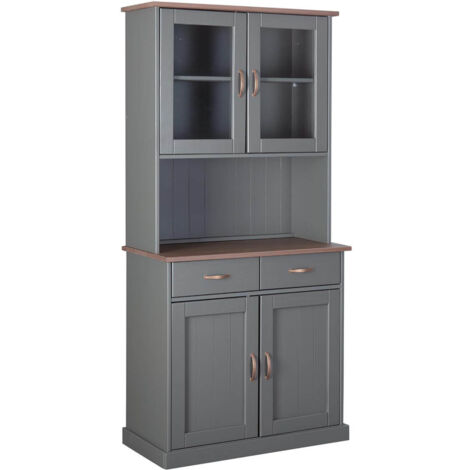 Altobuy – Buffet vaisselier 4 portes 2 tiroirs en pin massif – Finition vernis gris – Dimensions 90x45xH191 cm – Poignées en métal cuivré