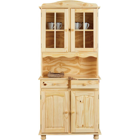 Altobuy – Buffet vaisselier 4 portes 2 tiroirs en pin massif – Finition vernis naturel – Dimensions 88 x 43-32 x H198 cm – Style campagnard