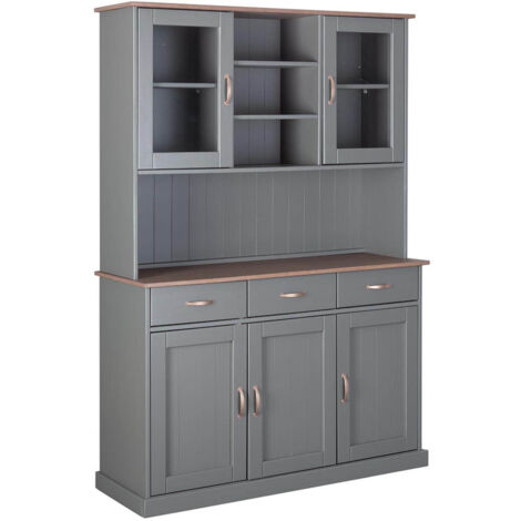 Altobuy – Buffet vaisselier 5 portes 3 tiroirs en pin massif – Finition vernis gris – Dimensions 131,2 x 45 x H190 cm – Poignées en métal cuivré