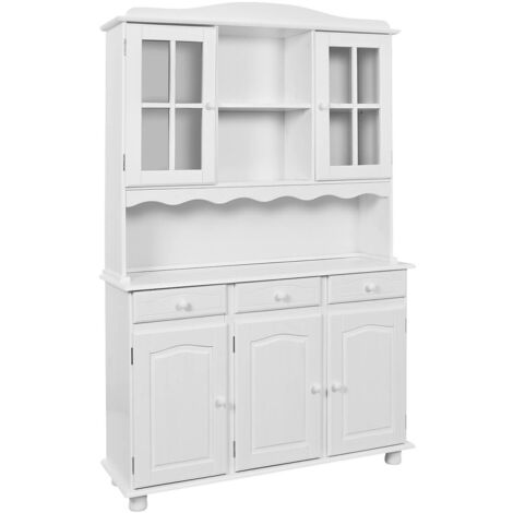 Altobuy – Buffet vaisselier 5 portes 3 tiroirs en pin massif vernis blanc – Dimensions 130 x 43/32 x H198 cm – Espace de rangement et exposition