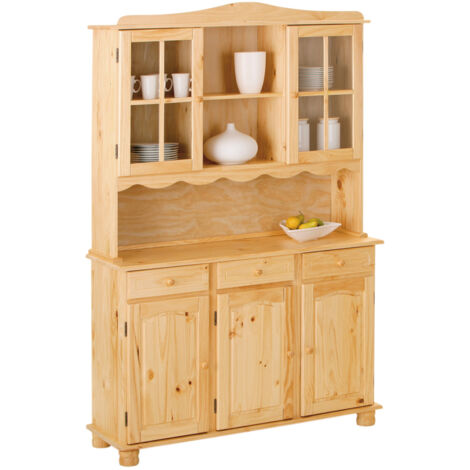 Altobuy – Buffet vaisselier 5 portes 3 tiroirs en pin massif vernis – Dimensions 130 x 43/32 x H198 cm – Portes vitrées pour exposition