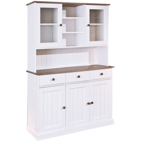 Altobuy – Buffet vaisselier 5 portes 3 tiroirs en pin massif vernis sépia et blanc – Dimensions 131 x 45 x H191 cm – Rangement élégant et fonctionnel