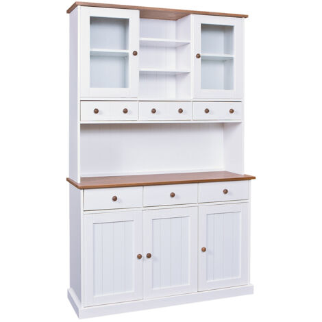Altobuy – Buffet vaisselier 5 portes 6 tiroirs en pin massif vernis blanc et sépia – Dimensions 131x45x205 cm – Tiroirs sur rails coulissants