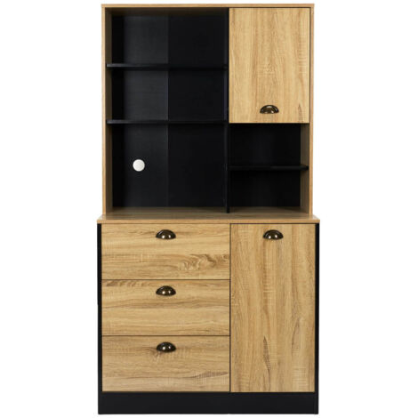 Altobuy – Buffet vaisselier multi-rangement 90x39xH169 cm – Panneaux de particules noir et bois clair – 7 espaces de rangement et 3 tiroirs
