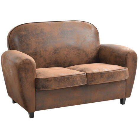 Altobuy – Canapé club 2 places marron aspect cuir vieilli – Dimensions 139x84xH86 cm – Densité mousse 24 kg/m3 – Piétement bois massif noir