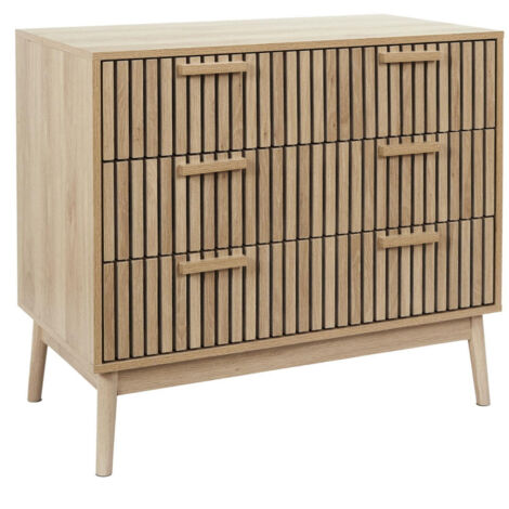 Altobuy – Commode 3 tiroirs effet bois – Structure panneaux de particules et MDF – Piétement pin massif – Dimensions 90 x 49 x H79 cm