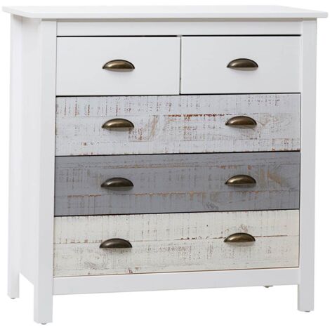 Altobuy – Commode 5 tiroirs pin massif laqué – Aspect vieilli blanc et grisé – Dimensions 79x40xH80 cm – Style vintage élégant