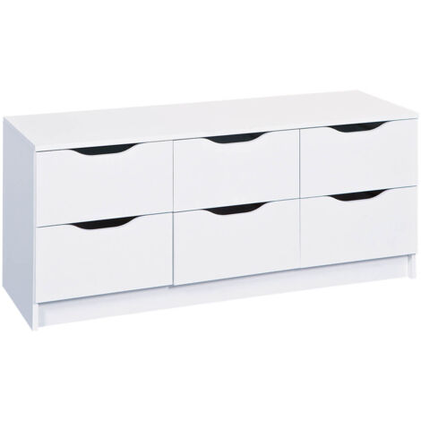 Altobuy – Commode 6 tiroirs blanc – Dimensions 122x40x50 cm – Structure panneaux de particules – Glissières métalliques robustes