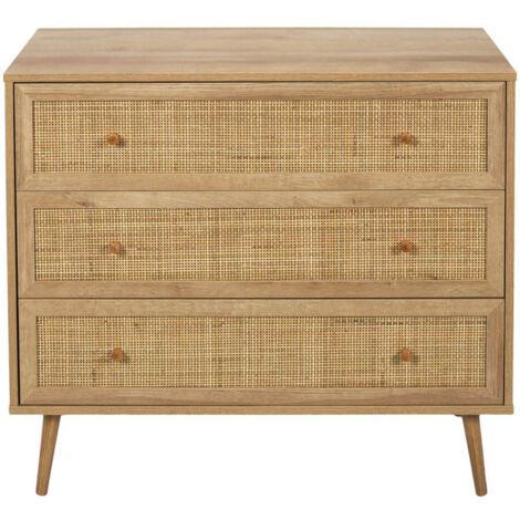Altobuy – Commode 3 tiroirs en panneaux de particules effet bois – Façades en rotin – Dimensions 90 x 39 x H79 cm – Pour chambre ou salon