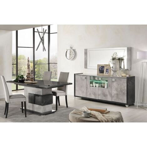 Altobuy – Ensemble buffet 4P avec miroir et table repas à pied central – Structure en panneaux de particules effet béton – Dimensions table 160/200x90xH77cm