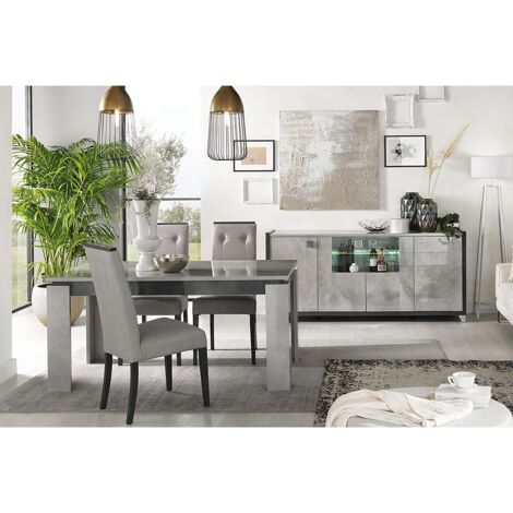 Altobuy – Ensemble buffet 4P et table de repas 160/200 x 90 x H77 cm – Finition effet béton gris anthracite – Piétement en acier chromé