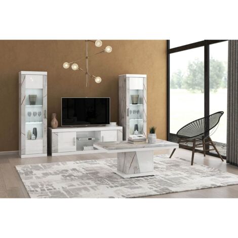 Altobuy – Ensemble de meubles de salon – Table basse 120x65cm – Meuble TV avec éclairage LED intégré – Vitrine 1 porte finition marbre brillant