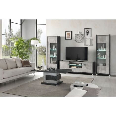 Altobuy – Ensemble salon complet gris béton – 2 vitrines 1 porte – Meuble TV 160cm – Table basse 120x65cm – Éclairage LED inclus