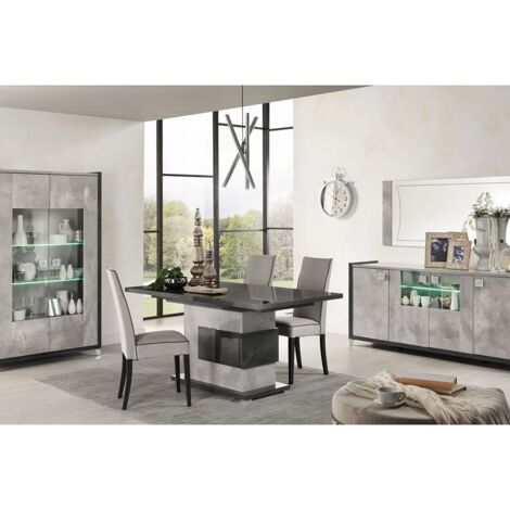 Altobuy – Ensemble séjour aspect béton avec vitrine 2 portes et buffet 4 portes – Piétement en acier chromé – Éclairage LED inclus – Fabrication italienne