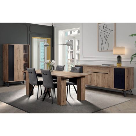 Altobuy – Ensemble séjour complet avec table allongeable 180-230 cm – Buffet 4 portes 1 tiroir – Vitrine 2 portes avec éclairage LED
