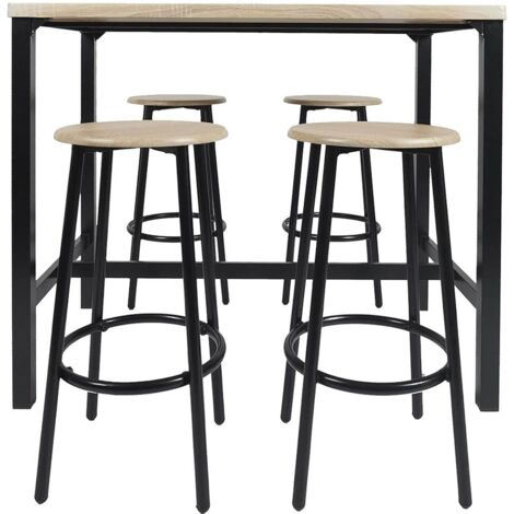 Altobuy – Ensemble table haute 100x60xH86 cm avec 4 tabourets – MDF et métal noir – Élégance industrielle pour intérieur moderne
