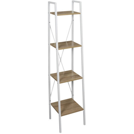 Altobuy – Étagère colonne 4 niveaux H148 cm – Bois et métal blanc – Structure acier – Tablettes finition imitation bois – Style industriel épuré