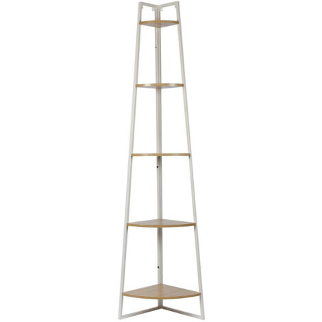 Altobuy – Etagère d'angle métal blanc – Plateau imitation bois – Dimensions 34x34xH180 cm – Structure panneau de particules et métal