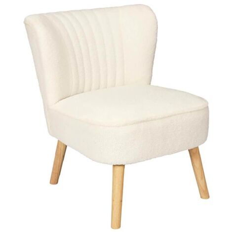 Altobuy – Fauteuil en tissu bouclettes blanc – Pieds en bois naturel – Hauteur d'assise 41 cm – Dimensions 70x59xH72 cm