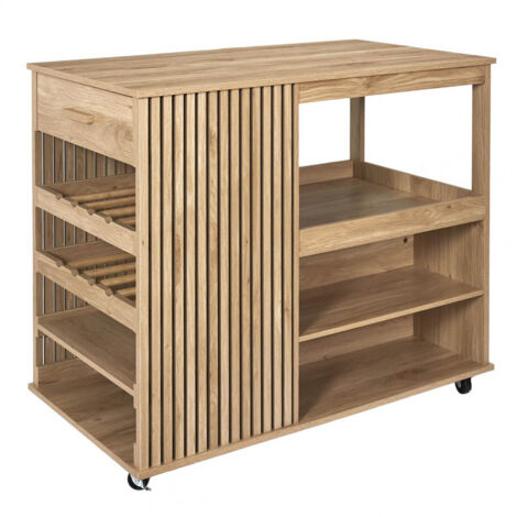 Altobuy – Ilot de cuisine multi-rangement 105x60x90 cm – Effet bois avec tasseaux – Structure en panneaux de particules et MDF – Piétement en pin massif