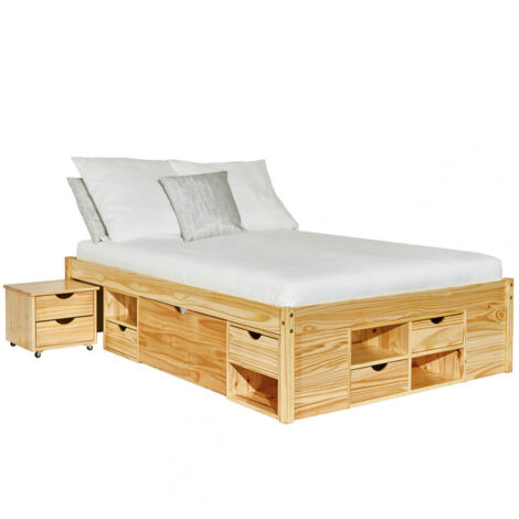 Altobuy – Lit 160x200cm avec 4 tiroirs et 2 chevets sur roulettes – Bois massif – Structure en pin – Sommier inclus – Hauteur 47,5cm