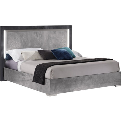 Altobuy – Lit adulte 140x190cm gris effet pierre – Structure en panneau mélaminé – Éclairage Led inclus – Design moderne pour chambre