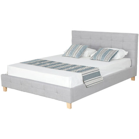 Altobuy – Lit adulte 140x190cm gris – Tête de lit rembourrée – Sommier 2x12 lattes en peuplier – Structure en panneaux de particules