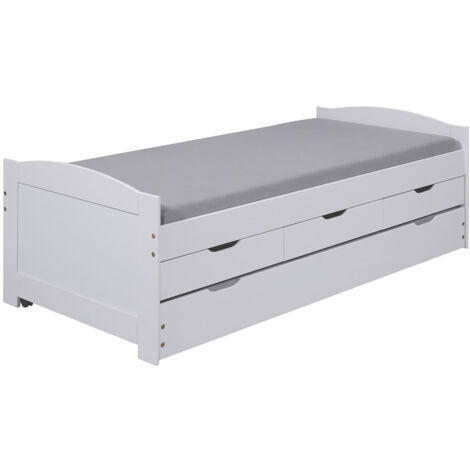 Altobuy – Lit gigogne 90x190cm avec 3 tiroirs en bois massif – Finition vernis blanc – Épaisseur matelas 11-12cm – Rangement pratique