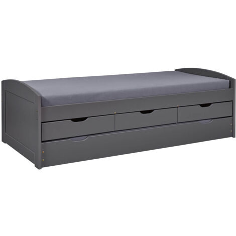 Altobuy – Lit gigogne 90x200cm – 3 tiroirs en pin massif vernis gris – Couchage supérieur avec lattes incluses – Épaisseur matelas 11-12cm
