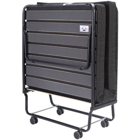 Altobuy – Lit pliant à roulettes 90x190 cm – Matelas en mousse 11 cm – Structure métal noir – Rangement vertical pour espaces réduits