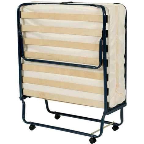 Altobuy – Lit pliant à roulettes 90x190cm – Structure métal laqué bleu nuit – 17 lattes multiplis – Matelas épaisseur 10cm, densité 24kg/m3