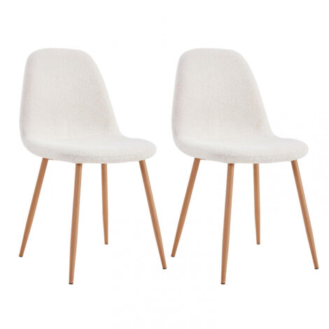 Altobuy – Lot de 2 chaises blanches en tissu bouclettes – Structure en contreplaqué – Piètement métal – Hauteur d'assise 47cm – Dimensions 50x44xH86cm