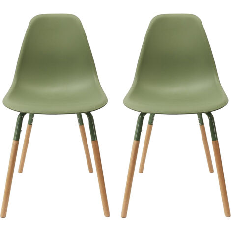 Altobuy – Lot de 2 chaises polypropylène vert et bois – Structure en métal – Hauteur d'assise 46,7 cm – Dimensions 49 x 46 x H86 cm