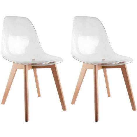 Altobuy – Lot de 2 chaises transparentes blanches – Assise coque rigide en polypropylène – Pieds en hêtre massif naturel – Dimensions 47.5 x 54 x H86 cm
