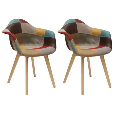 Altobuy – Lot de 2 fauteuils patchwork vintage – Revêtement tissu multicolore – Hauteur d'assise 47 cm – Piétement en hêtre massif