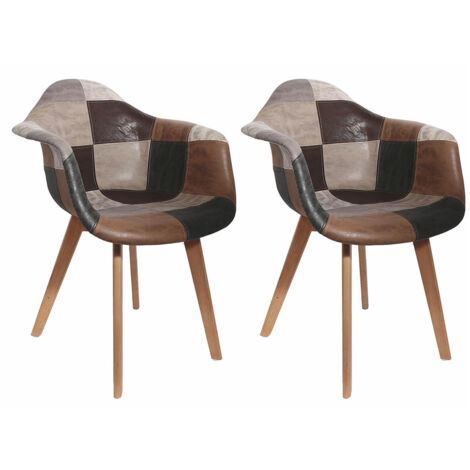 Altobuy – Lot de 2 fauteuils scandinaves aspect vieux cuir – Piétement en bois massif – Revêtement doux avec motif patchwork – Dimensions 65x53xH84,5 cm
