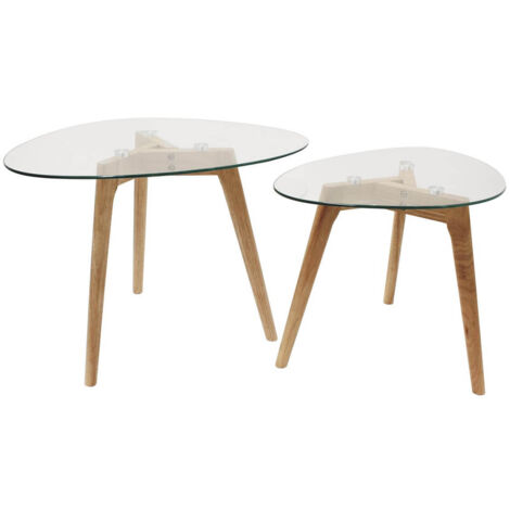 Altobuy – Lot de 2 tables basses gigognes en verre trempé 9mm – Piétement en hévéa massif – Dimensions 60x45xH43cm et 50x38xH40cm