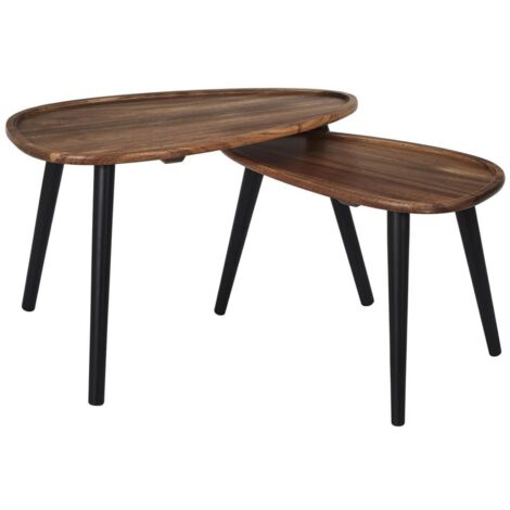 Altobuy – Lot de 2 tables basses ovales gigogne en acacia massif teinté noyer – Pieds en pin massif teinté noir – Dimensions 60 x 39 x H40 cm