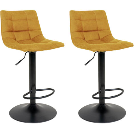 Altobuy – Lot de 2 tabourets de bar en acier noir et tissu jaune moutarde – Hauteur d'assise 63-83 cm – Dimensions 43x43xH88-108 cm