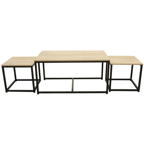 Altobuy – Lot de 3 tables basses gigognes – Structure en panneaux de particules aspect bois – Piétement en fer noir – Dimensions grande table 90x50xH45cm