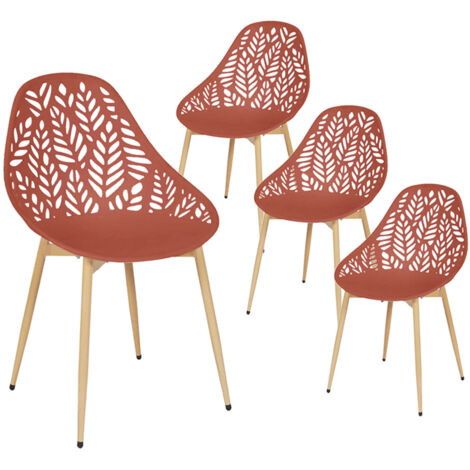 Altobuy – Lot de 4 chaises de jardin en plastique ajouré terracotta – Pieds métal imitation bois – Dimensions 52,3 x 53,3 x H83,4 cm