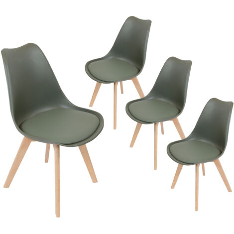 Altobuy – Lot de 4 chaises scandinaves kaki – Coque en polyéthylène et assise simili cuir – Piétement en bois massif – Hauteur d'assise 44 cm