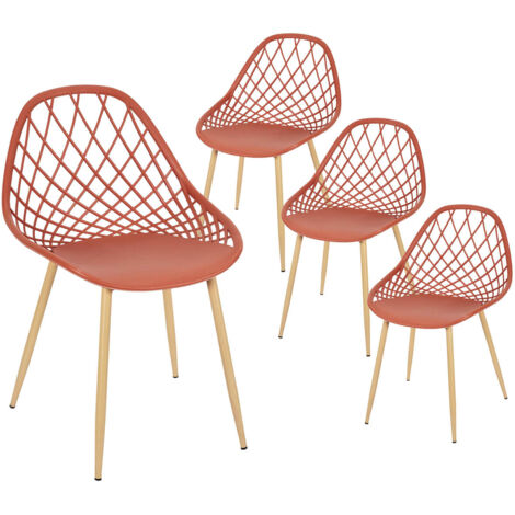 Altobuy – Lot de 4 chaises terracotta coque arrondie – Piétement en fer aspect bois – Assise en polypropylène – Hauteur d'assise 45 cm – Dimensions 57x51,2x80,2 cm
