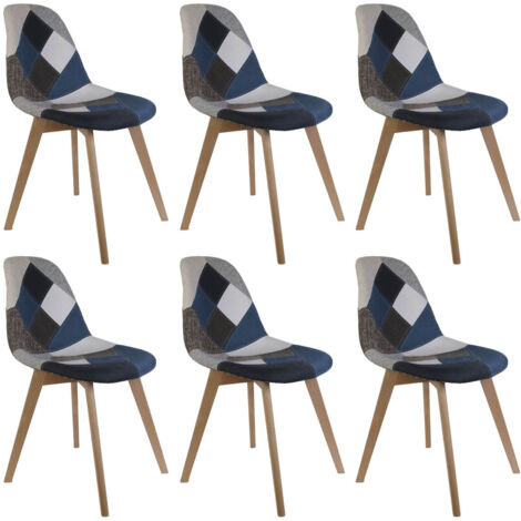 Altobuy – Lot de 6 chaises patchwork bleu et gris – Chaise scandinave avec piétement en hêtre massif – Dimensions 55,5 x 41 x H85 cm – Hauteur d'assise 47 cm