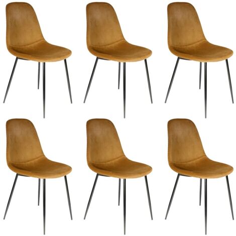 Altobuy – Lot de 6 chaises velours côtelé jaune moutarde – Piétement métallique noir – Hauteur d'assise 46 cm – Dimensions 54 x 44 x H85 cm
